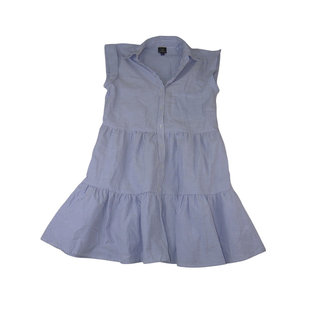 Oak & Trellis XL Blue White Seersucker Striped Tiered Sleeveless Shirt Dress